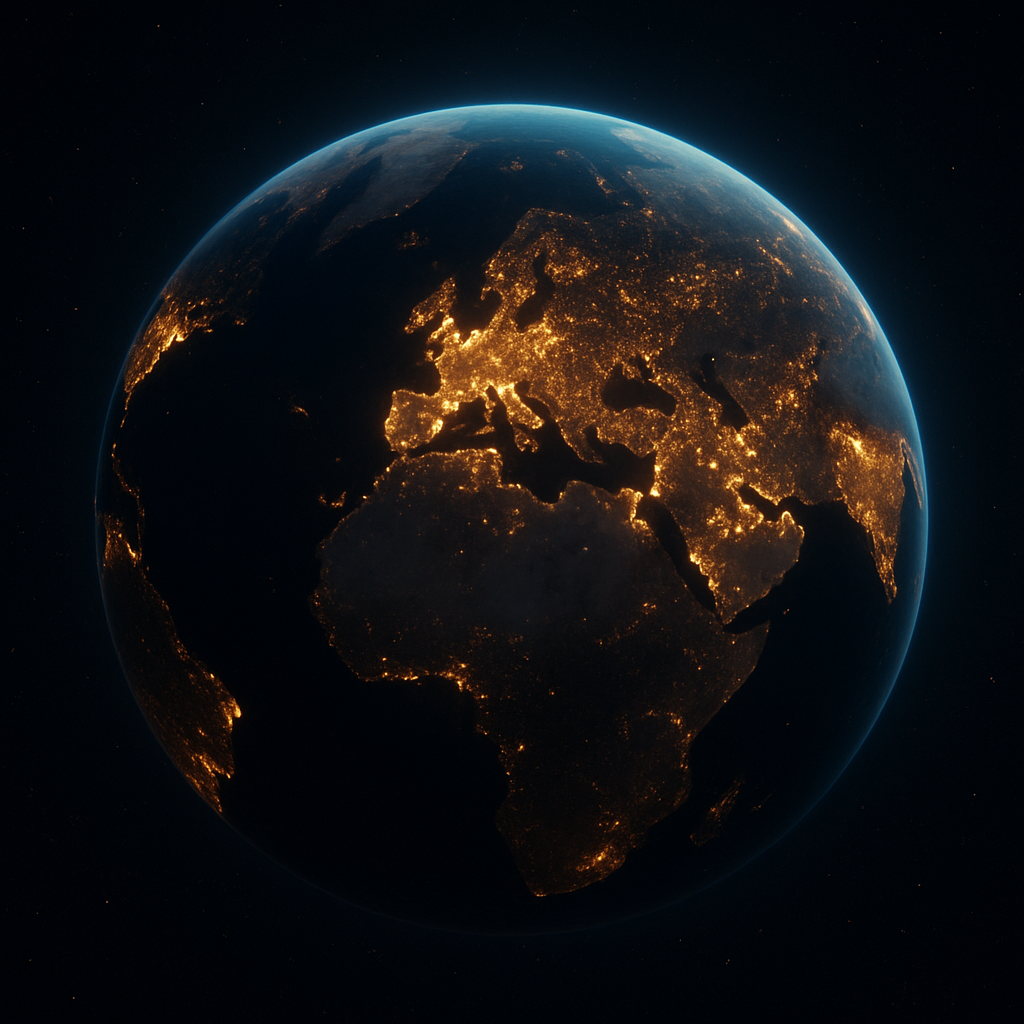 Earth-like planet glowing with city lights at night, seen from space